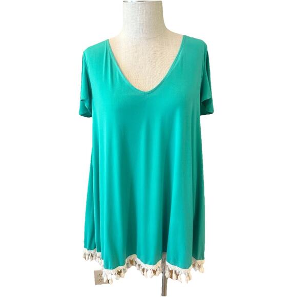 Judith March Mini Dress Womens Medium Green V Neck Short Sleeve with Tassels - Picture 1 of 9